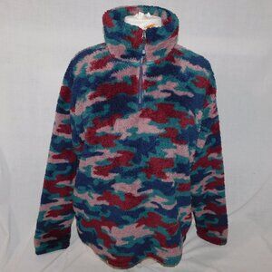Eddie Bauer Womens L High pile Teddy Fleece Multicolor Camo 1/4 Zip Pullover